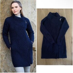 Aran Knit Coatigan with Celtic Knot Side Zip‎‎‎‎‎ Women Navy Cable Knit Sweater